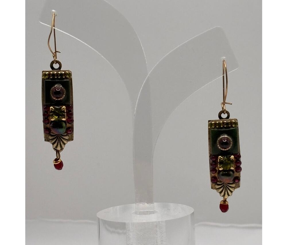 Michal Golan Gold Tone Red & Green Stone Dangle Earrings #82768